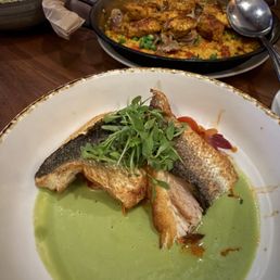 Pan seared Branzino fillet over carrot tomato salad