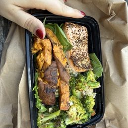 Salmon Filet, Roasted Sweet Potatoes, Parmesan Roasted Broccoli, Brown Rice