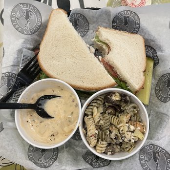 Chicken Salad Chick - Original chicken salad sandwich on white bread w/pasta salad and cup of loaded baked potato soup. - Sandwiches Near Me - Overland Park, Kansas Chicken Salad Chick - Original chicken salad sandwich on white bread w/pasta salad and cup of loaded baked potato soup. - Sandwiches Near Me - Overland Park, Kansas