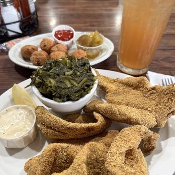 Vernon's Kuntry Katfish - Fried Catfish, mixed greens and hush puppies - Seafood Near Me - Conroe, Texas