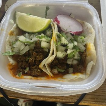 El Volcan Comda Mexicana - two tacos in a styrofoam container - Mexican Near Me - Allen, Texas El Volcan Comda Mexicana - two tacos in a styrofoam container - Mexican Near Me - Allen, Texas