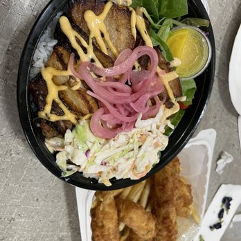 OlenaHi - Adobo pork belly and fish & chips - Salad Near Me - Honolulu, Hawaii