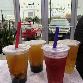 Hello Boba - Peach green tea. BYOB Passion green tea. Pom Pom. Superstar (left to right) - Bubble Tea Near Me - Allen, Texas Hello Boba - Peach green tea. BYOB Passion green tea. Pom Pom. Superstar (left to right) - Bubble Tea Near Me - Allen, Texas