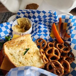 Mountain Box: half a turkey sandwich, pretzels, carrot sticks, hummus, bonus cookie.