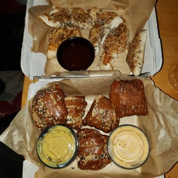 Buffalo Wild Wings - Pretzel knots with honey mustard and cheese sauce and naked tenders with sauce. - Chicken Wings Near Me - Muskogee, Oklahoma Buffalo Wild Wings - Pretzel knots with honey mustard and cheese sauce and naked tenders with sauce. - Chicken Wings Near Me - Muskogee, Oklahoma