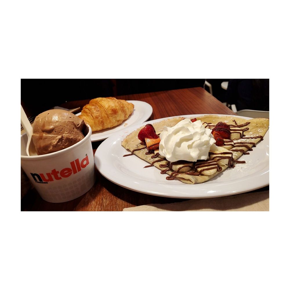 Nutella Cafe - Large Gelato + strawberry banana crepe + nutella stuffed croissant - Desserts Near Me - Chicago, Illinois Nutella Cafe - Large Gelato + strawberry banana crepe + nutella stuffed croissant - Desserts Near Me - Chicago, Illinois