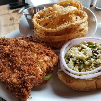 Down On Grayson - Grouper sandwich with onion rings instead of fries - New American Near Me - San Antonio, Texas