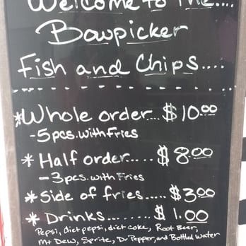 Bowpicker Fish & Chips - Menu board (5/2014) - Seafood Near Me - Astoria, Oregon Bowpicker Fish & Chips - Menu board (5/2014) - Seafood Near Me - Astoria, Oregon