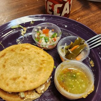 Tacos Don Pancho - This is a gordita with chicken,  fried corn tortilla lettuce, cheese, refried beans and salsa to a perfect pair. - Mexican Near Me - Brunswick, Georgia