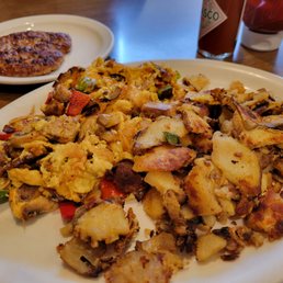 My Scramble was delicious, filled with mushroom, great sausage, bell pepper, onion, cheese. My Scramble was delicious, filled with mushroom, great sausage, bell pepper, onion, cheese.
