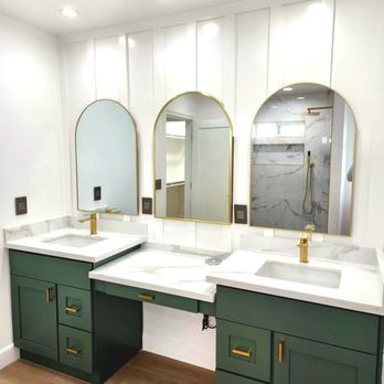 Coastal Vista Remodeling - Dark green vanity with satin brass finishes and white quartz countertops - General Contractors Near Me Coastal Vista Remodeling - Dark green vanity with satin brass finishes and white quartz countertops - General Contractors Near Me