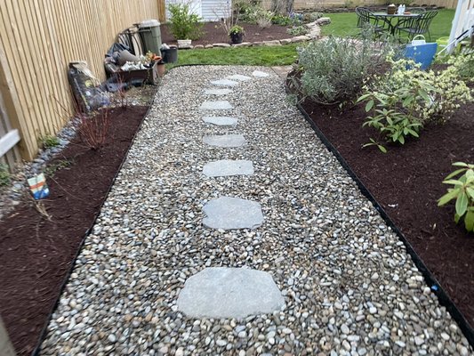 Walkway Installation with River Rock & Mulch Design - This project showcases a beautifully crafted walkway built by Hercules & Sons Landscaping, designed to blend functionality with natural charm. We constructed a sturdy, level walkway using high-quality pavers, bordered by decorative river rocks and fresh mulch to create a clean, polished look.
The combination of textures adds warmth and depth, enhancing the landscape’s visual appeal while providing a smooth and inviting path through the yard. Every detail—from layout to finishing touches—was thoughtfully executed to ensure lasting beauty and durability. Walkway Installation with River Rock & Mulch Design - This project showcases a beautifully crafted walkway built by Hercules & Sons Landscaping, designed to blend functionality with natural charm. We constructed a sturdy, level walkway using high-quality pavers, bordered by decorative river rocks and fresh mulch to create a clean, polished look.
The combination of textures adds warmth and depth, enhancing the landscape’s visual appeal while providing a smooth and inviting path through the yard. Every detail—from layout to finishing touches—was thoughtfully executed to ensure lasting beauty and durability.