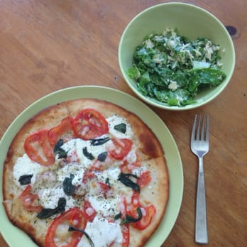 Earth Bistro - Classic Margarita Pizza on Gluten Free crust (personal) and Classic Caesar Salad (half) at home. - Pizza Near Me - Temecula, California