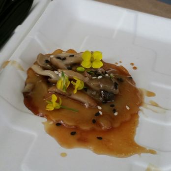 Masters of Taste - 2nd Favorite Dish: Bone Kettle served Steamed Oxtail Dumplings, wine reduction, maitake mushrooms, mizuno & sesame seeds. Yum!! - Festivals Near Me - Pasadena, California