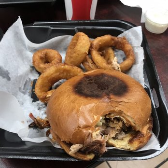 Pete's BBQ - Pulled pork sandwich and onion rings - Barbeque Near Me - Ramona, California Pete's BBQ - Pulled pork sandwich and onion rings - Barbeque Near Me - Ramona, California