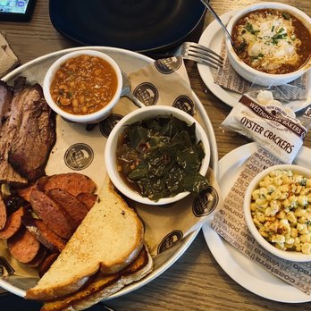 Pioneer BBQ - Prime Smoked Brisket and House Made Hot Links with Killer Baked Beans , Collard Greens, Cup Brisket Chili and Off the Cob Street Corn - Barbeque Near Me - San Diego, California