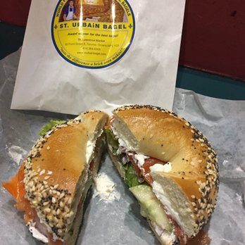 St. Urbain Bagel Bakery - Smoke lox on everything bagel with chive cream Schwede and veggies. Yumm! - Bagels Near Me - Toronto, Ontario