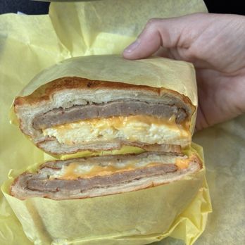 Donut Basket - Sausage, chedder, and egg on a croissant. Delicious! - Donuts Near Me - San Jose, California Donut Basket - Sausage, chedder, and egg on a croissant. Delicious! - Donuts Near Me - San Jose, California