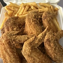 Pj's Fish & Chicken - 6 pc Whole Chicken Wings ,fries or rice and a drink