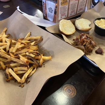Mission BBQ - Adult fries, kids' pulled pork slider and kids' macaroni and cheese. - Barbeque Near Me - Mishawaka, Indiana Mission BBQ - Adult fries, kids' pulled pork slider and kids' macaroni and cheese. - Barbeque Near Me - Mishawaka, Indiana