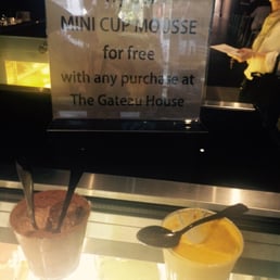 Free mini mousse with purchase! The chocolate and mango are amazing. Free mini mousse with purchase! The chocolate and mango are amazing.