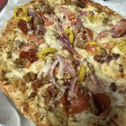 Delicious pizza the mega is fluffy with a crispy bottom and I can add everything I want for one price; no up charges Delicious pizza the mega is fluffy with a crispy bottom and I can add everything I want for one price; no up charges