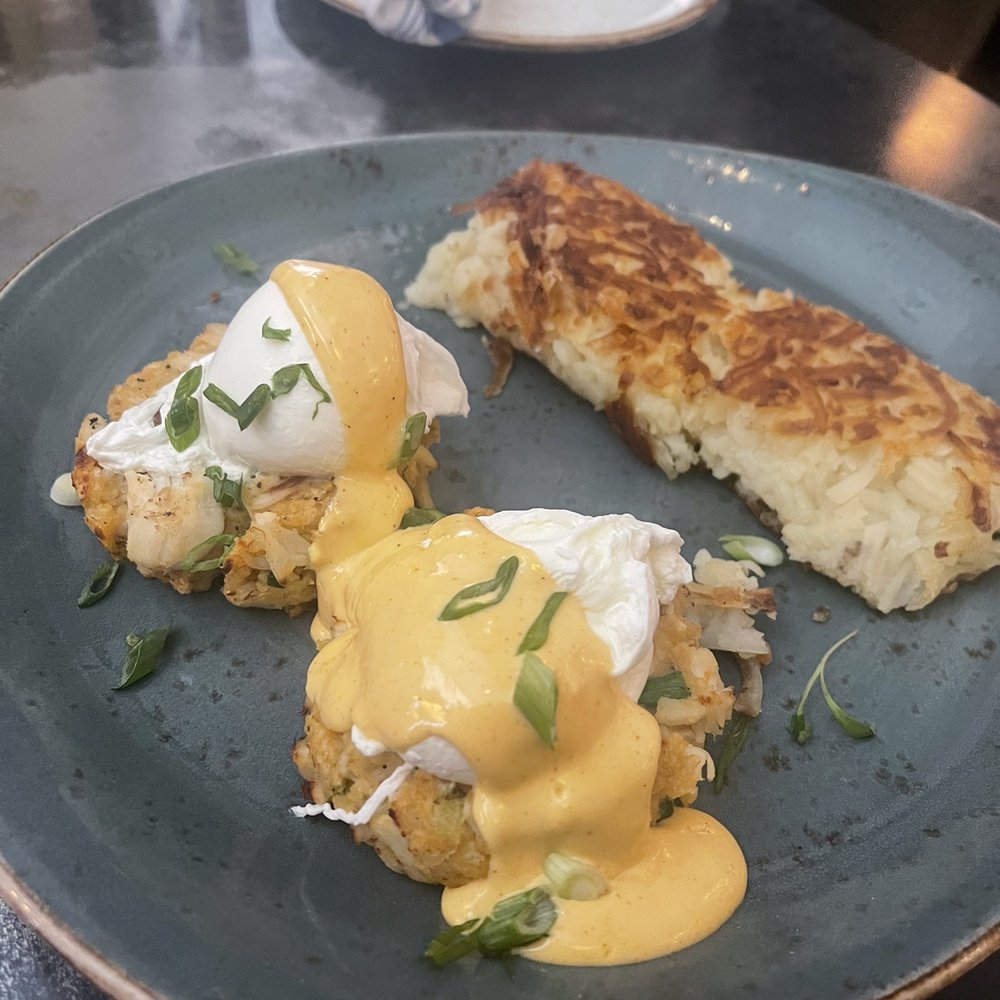 State Fare Kitchen & Bar - Poached Eggs on Crab Cakes Plate - New American Near Me - Houston, Texas State Fare Kitchen & Bar - Poached Eggs on Crab Cakes Plate - New American Near Me - Houston, Texas