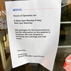 US Post Office - Hours of operation
