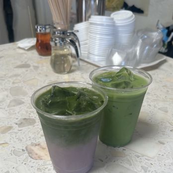 Work in Progress - ube matcha + matcha latte - Wine Bars Near Me - Costa Mesa, California