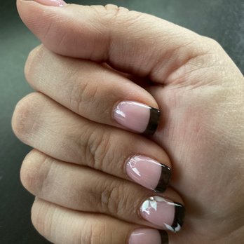Pink Mani Nails - Black French tip with white flowers. - Nail Salons Near Me - Anaheim, California