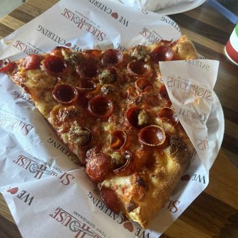 Slice House - Hot Honey pizza slice, with sausage, pepperoni, and hot honey sauce on top. - Pizza Near Me - Ventura, California Slice House - Hot Honey pizza slice, with sausage, pepperoni, and hot honey sauce on top. - Pizza Near Me - Ventura, California