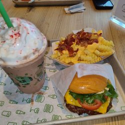 Shake Shack Cross County - Shack Cheeseburger, bacon fries and Chocolate peppermint shake.