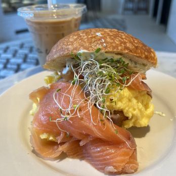 Tatte Bakery & Cafe - Smoked Salmon, Avocado, and Egg Sandwich ($12.50) Iced Honey Halva Latte ($5.50) - Bakeries Near Me - Washington, DC, District of Columbia Tatte Bakery & Cafe - Smoked Salmon, Avocado, and Egg Sandwich ($12.50) Iced Honey Halva Latte ($5.50) - Bakeries Near Me - Washington, DC, District of Columbia