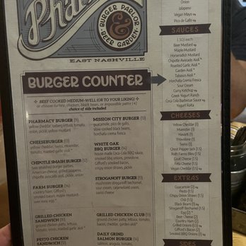 The Pharmacy Burger Parlor & Beer Garden - Burger Menu. Smash, Farm and White Oak were our highlights. - Burgers Near Me - Nashville, Tennessee The Pharmacy Burger Parlor & Beer Garden - Burger Menu. Smash, Farm and White Oak were our highlights. - Burgers Near Me - Nashville, Tennessee