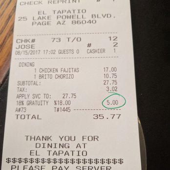 El Tapatio - 18% gratuity mandatory for a party of three - Mexican Near Me - Page, Arizona El Tapatio - 18% gratuity mandatory for a party of three - Mexican Near Me - Page, Arizona