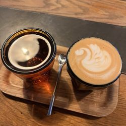 Corvus Coffee Roasters - Cortado and a complimentary side of sparkling water