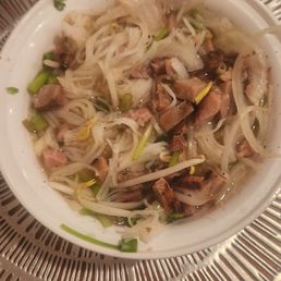 A bowl of noodle soup containing sliced meat, bean sprouts, and chopped green onions, served on a decorative metal plate.