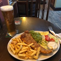 Earl Of Derby - Battered Cod and Chips with mushy peas