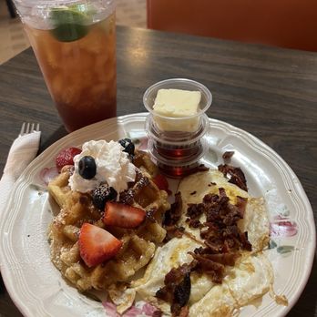 D'Vine Home Cooking - Waffle with whipped cream and berries, eggs and bacon. Delicious!! - Mexican Near Me - Canyon Lake, Texas D'Vine Home Cooking - Waffle with whipped cream and berries, eggs and bacon. Delicious!! - Mexican Near Me - Canyon Lake, Texas