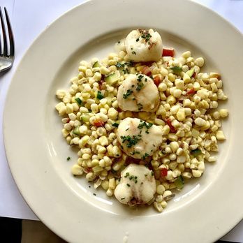 Hayes Street Grill - Grilled Maine Scallops with White Corn Succotash, Chive Beurre Blanc - Seafood Near Me - San Francisco, California Hayes Street Grill - Grilled Maine Scallops with White Corn Succotash, Chive Beurre Blanc - Seafood Near Me - San Francisco, California