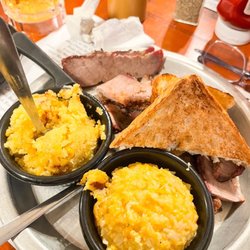 Shiver's BBQ - Beef Brisket Platter (jumbo) with Cornbread Soufflé (left) and Cheesy Hashbrown Casserole (right)