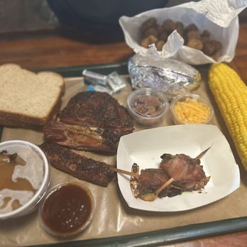 Hard Eight BBQ - Peach Cobbler, barbecue ribs, fried okra, jalapeño stuffed shrimp corn on the cob, baked potato - Barbeque Near Me - Coppell, Texas Hard Eight BBQ - Peach Cobbler, barbecue ribs, fried okra, jalapeño stuffed shrimp corn on the cob, baked potato - Barbeque Near Me - Coppell, Texas