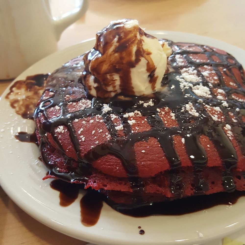 Stacked - Red velvet pancakes - Breakfast & Brunch Near Me - Oak Lawn, Illinois Stacked - Red velvet pancakes - Breakfast & Brunch Near Me - Oak Lawn, Illinois
