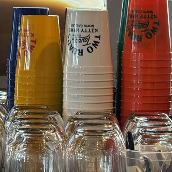 Two Roads Tavern - Souvenir cups in different colors - Seafood Near Me - Kitty Hawk, North Carolina