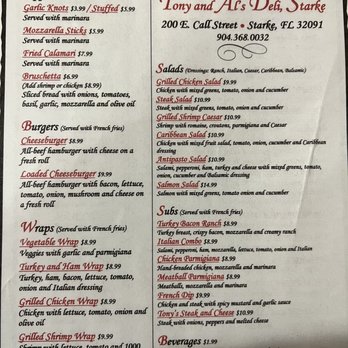 Tony & Al's Deli - Menu front. - Pizza Near Me - Starke, Florida