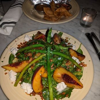 Cafe Gratitude - The Local - grilled peach and asparagus salad, yummmmyyy (with the Original burrito in the background) - Vegan Near Me - Venice, California Cafe Gratitude - The Local - grilled peach and asparagus salad, yummmmyyy (with the Original burrito in the background) - Vegan Near Me - Venice, California