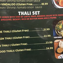 Menu showing Thali Set