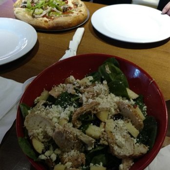 Mellow Mushroom Rocky River - Closest is the enlightened spinach salad with added chicken Further is the personal pizza with mushrooms, Onion, green pepper, and pepperoni - Pizza Near Me - Rocky River, Ohio Mellow Mushroom Rocky River - Closest is the enlightened spinach salad with added chicken Further is the personal pizza with mushrooms, Onion, green pepper, and pepperoni - Pizza Near Me - Rocky River, Ohio