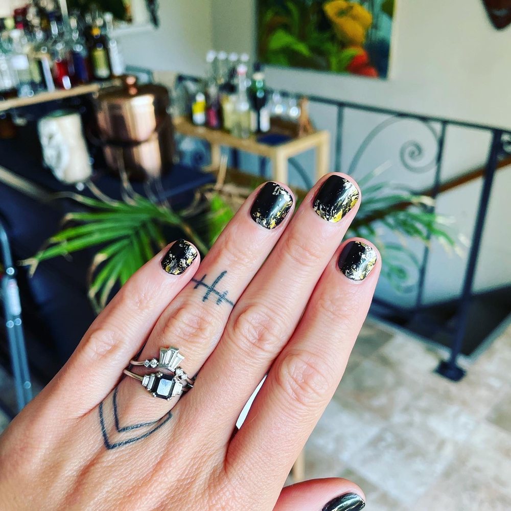 La Petite Nail Shop - Black gel with gold and silver foil - Nail Salons Near Me - San Francisco, California La Petite Nail Shop - Black gel with gold and silver foil - Nail Salons Near Me - San Francisco, California