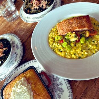 Virtue Restaurant - Salmon Large Rations; Cornbread & Honey Butter; Collards & Smoked Turkey - Southern Near Me - Chicago, Illinois Virtue Restaurant - Salmon Large Rations; Cornbread & Honey Butter; Collards & Smoked Turkey - Southern Near Me - Chicago, Illinois